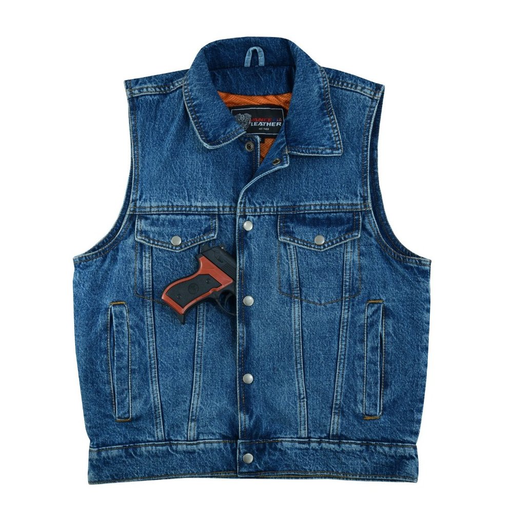 Men's Blue Denim Vest with Collar and concealed carry pocket